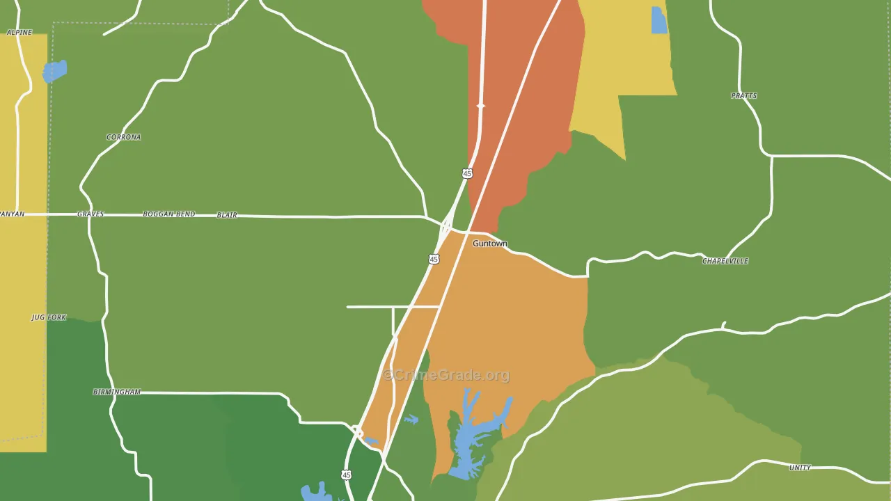 Guntown, MS Map of Burglary Rates