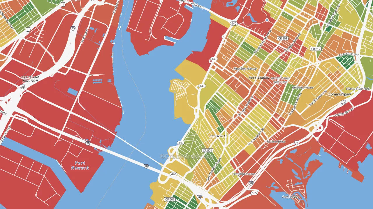 Hackensack Riverfront, Jersey City, NJ Map of Burglary Rates