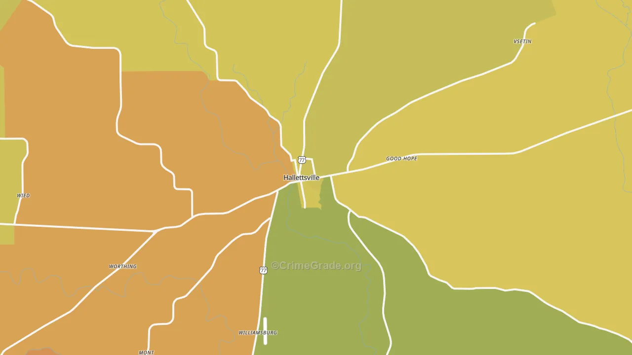 Hallettsville, TX Map of Burglary Rates