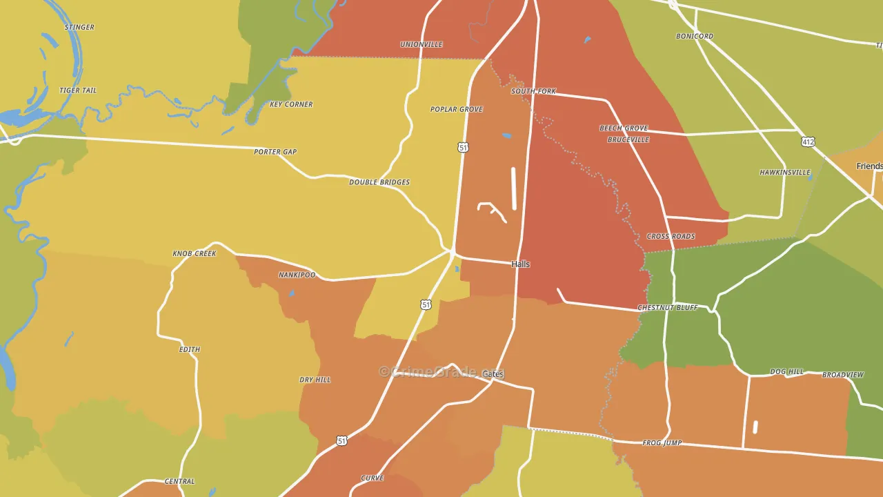 Halls, TN Map of Burglary Rates