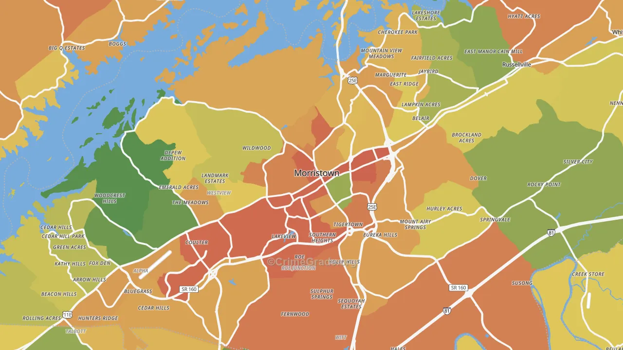 Hamblen County, TN Map of Burglary Rates