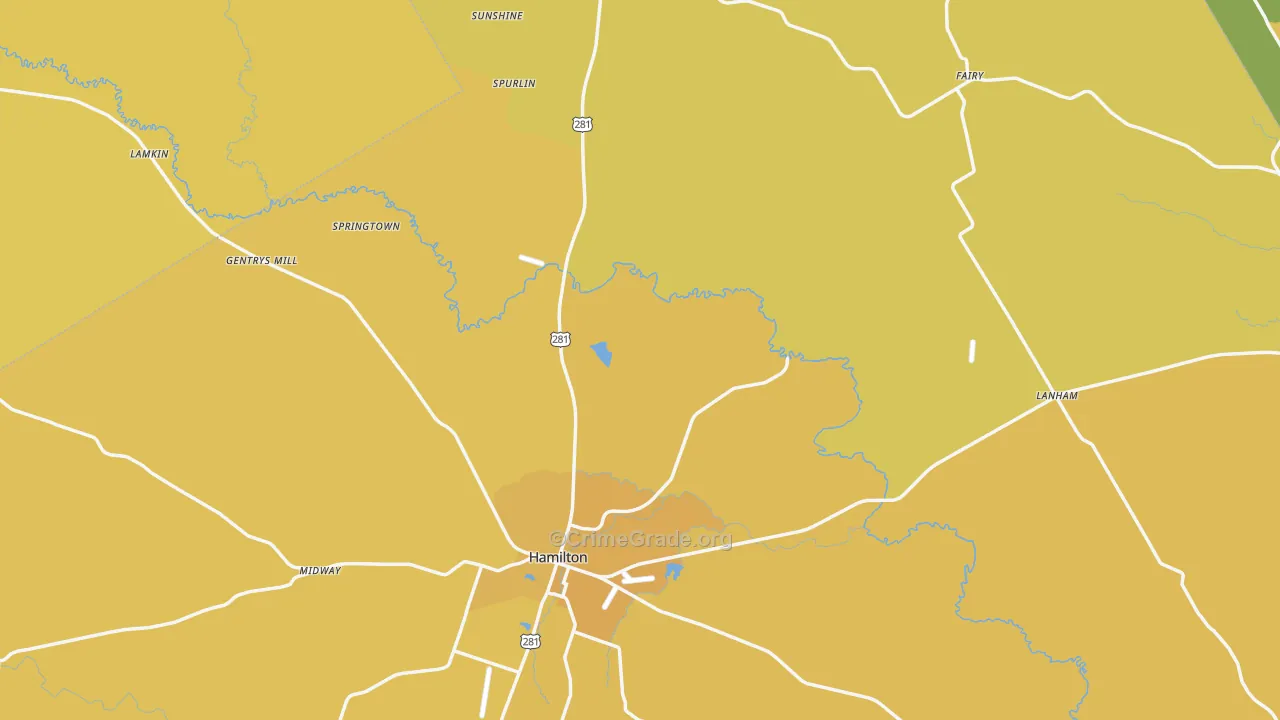 Hamilton County, TX Map of Burglary Rates
