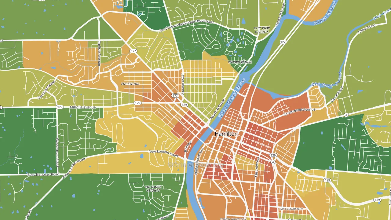 Hamilton Main Street Historic District, Hamilton, OH Map of Burglary Rates