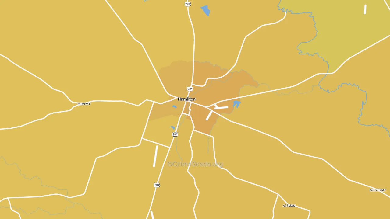 Hamilton, TX Map of Burglary Rates