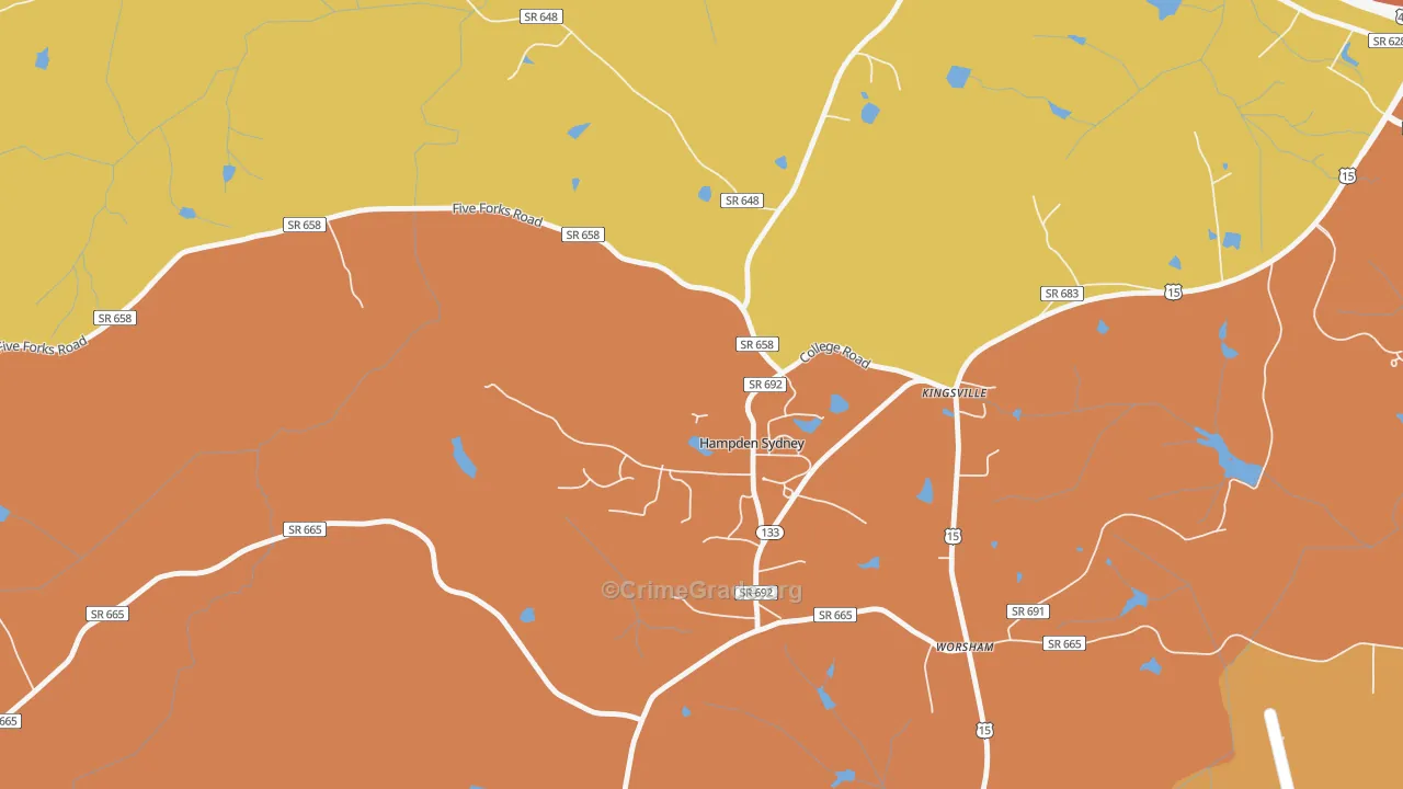 Hampden-Sydney, VA Map of Burglary Rates