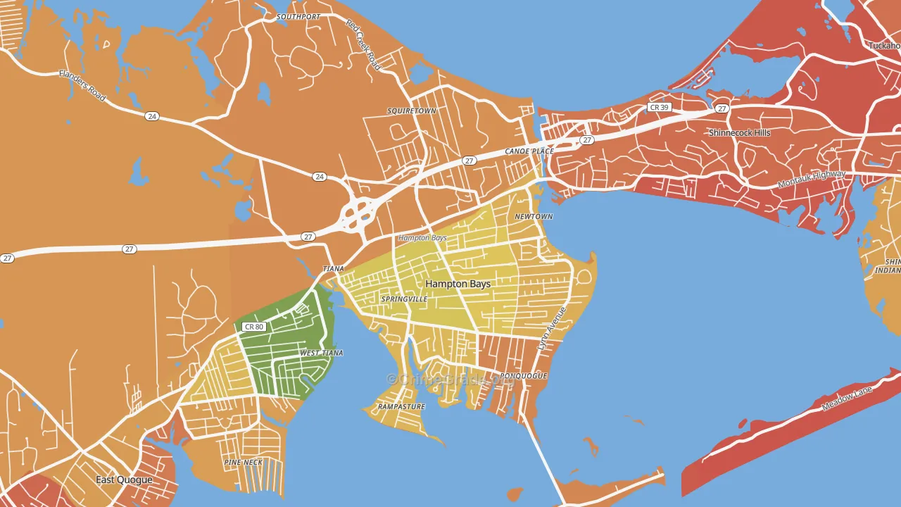 Hampton Bays, NY Map of Burglary Rates