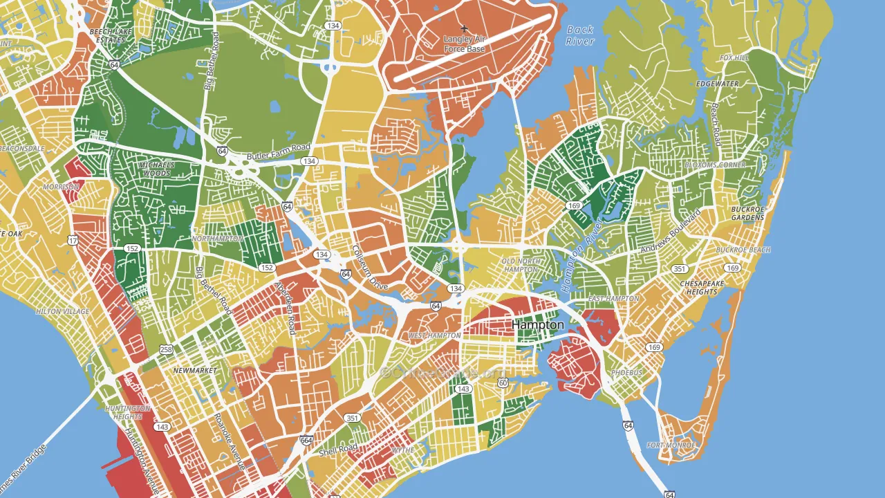 Hampton City, VA Map of Burglary Rates