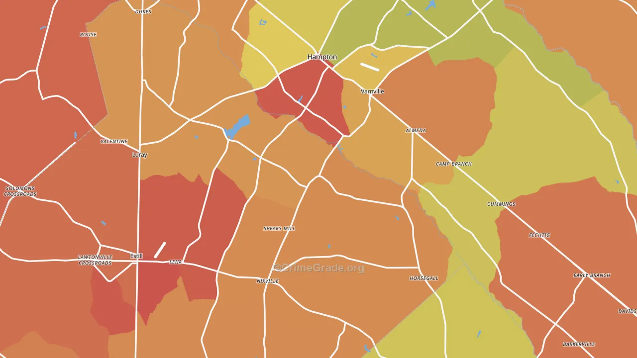Hampton County, SC Map of Burglary Rates