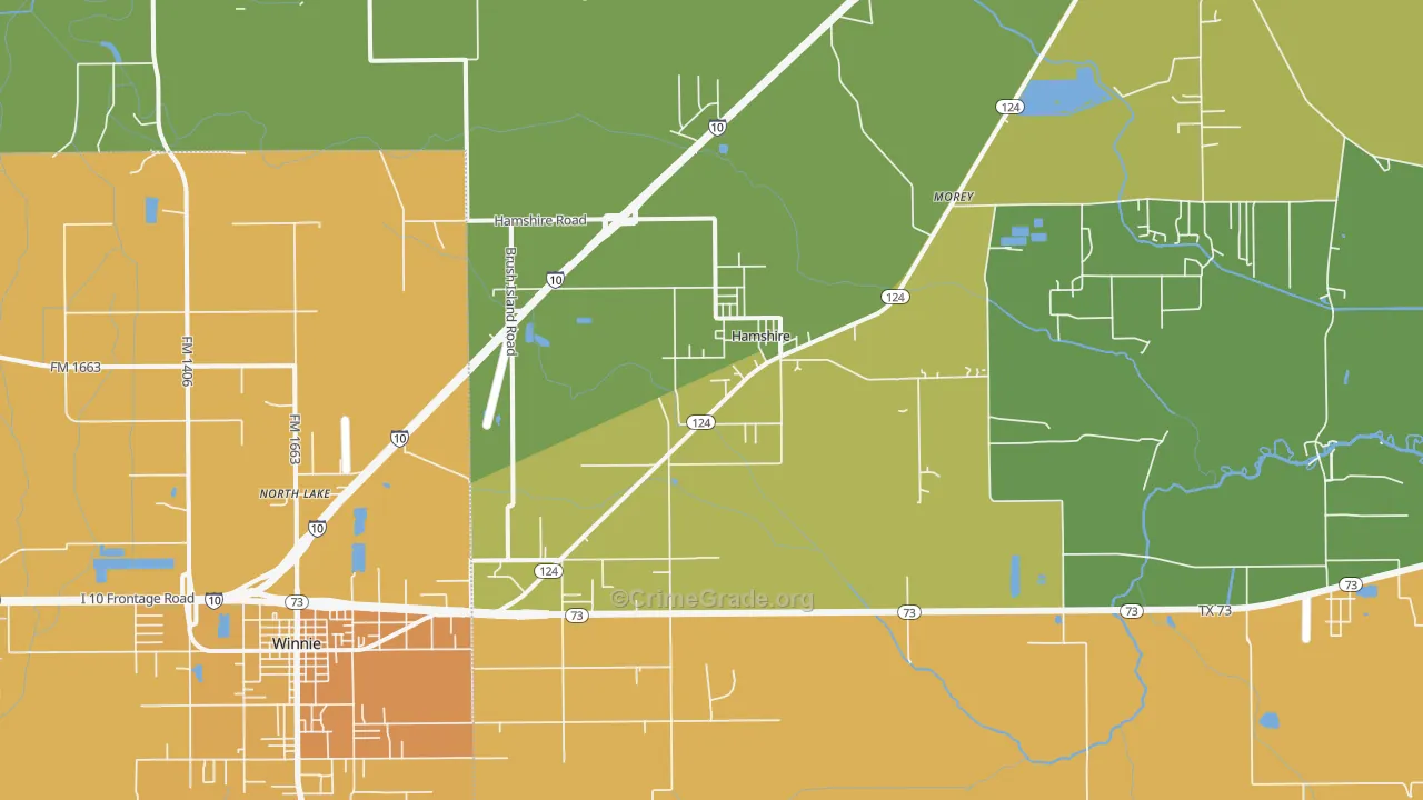 Hamshire, TX Map of Burglary Rates