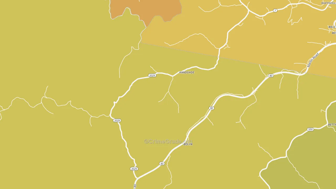 Handshoe, KY Map of Burglary Rates