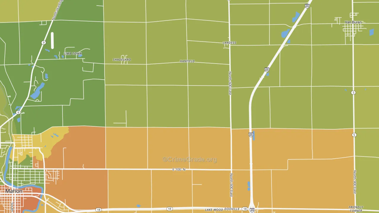 Hanfield, IN Map of Burglary Rates