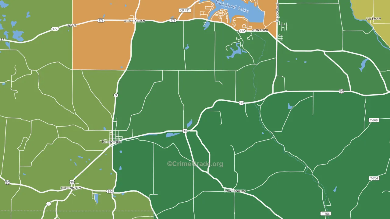 Hanoverton, OH Map of Burglary Rates
