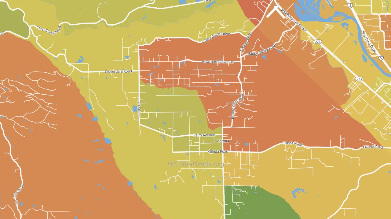 Happy Valley, Anderson, CA Map of Burglary Rates