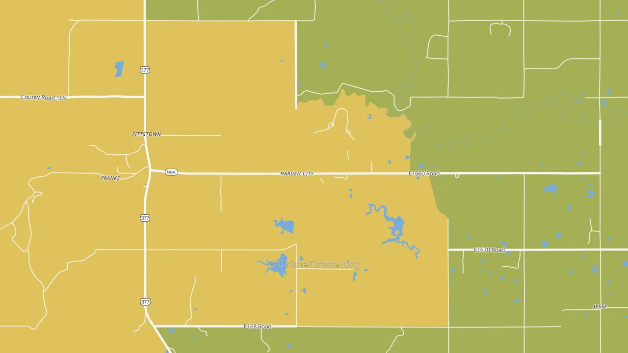 Harden City, OK Map of Burglary Rates