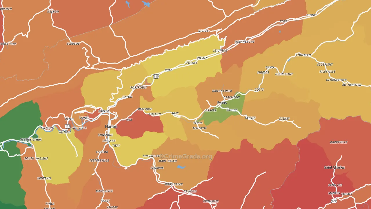 Harlan County, KY Map of Burglary Rates