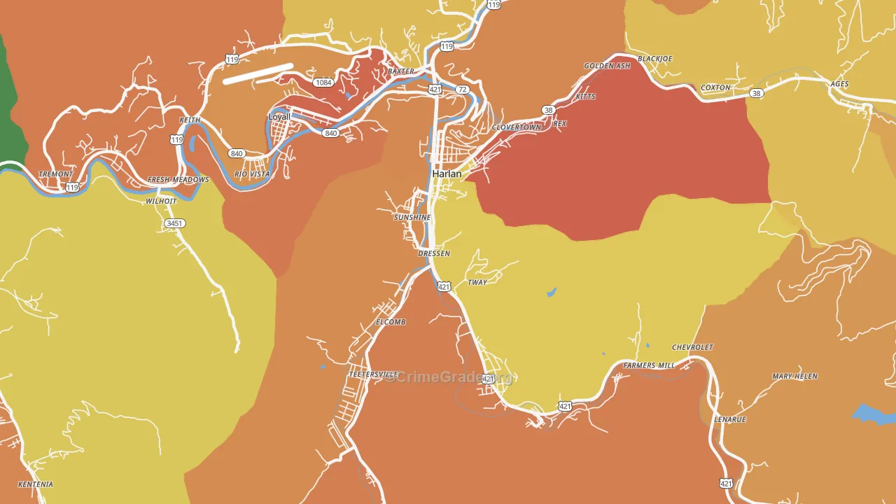 Harlan, KY Map of Burglary Rates