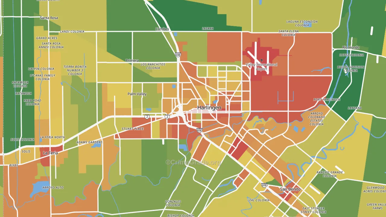 Harlingen, TX Map of Burglary Rates
