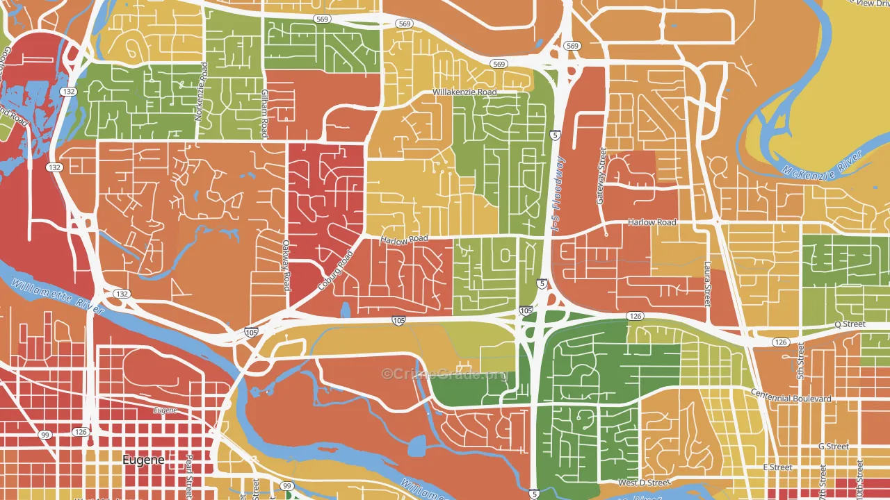 Harlow, Eugene, OR Map of Burglary Rates