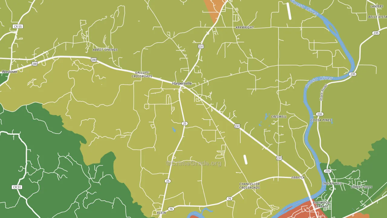 Harpersville, AL Map of Burglary Rates