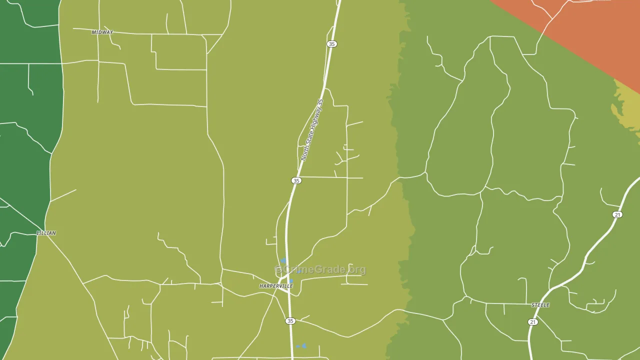 Harperville, MS Map of Burglary Rates