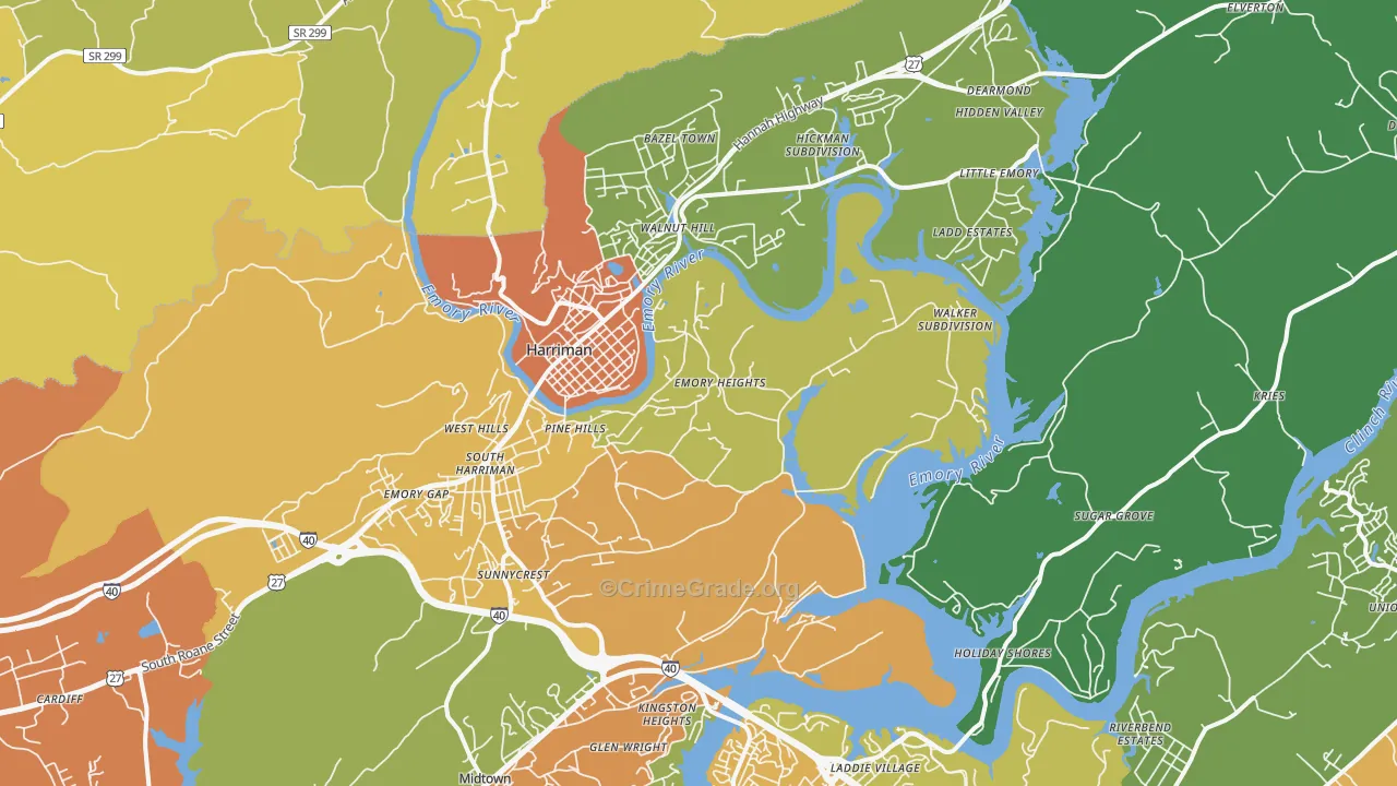 Harriman, TN Map of Burglary Rates