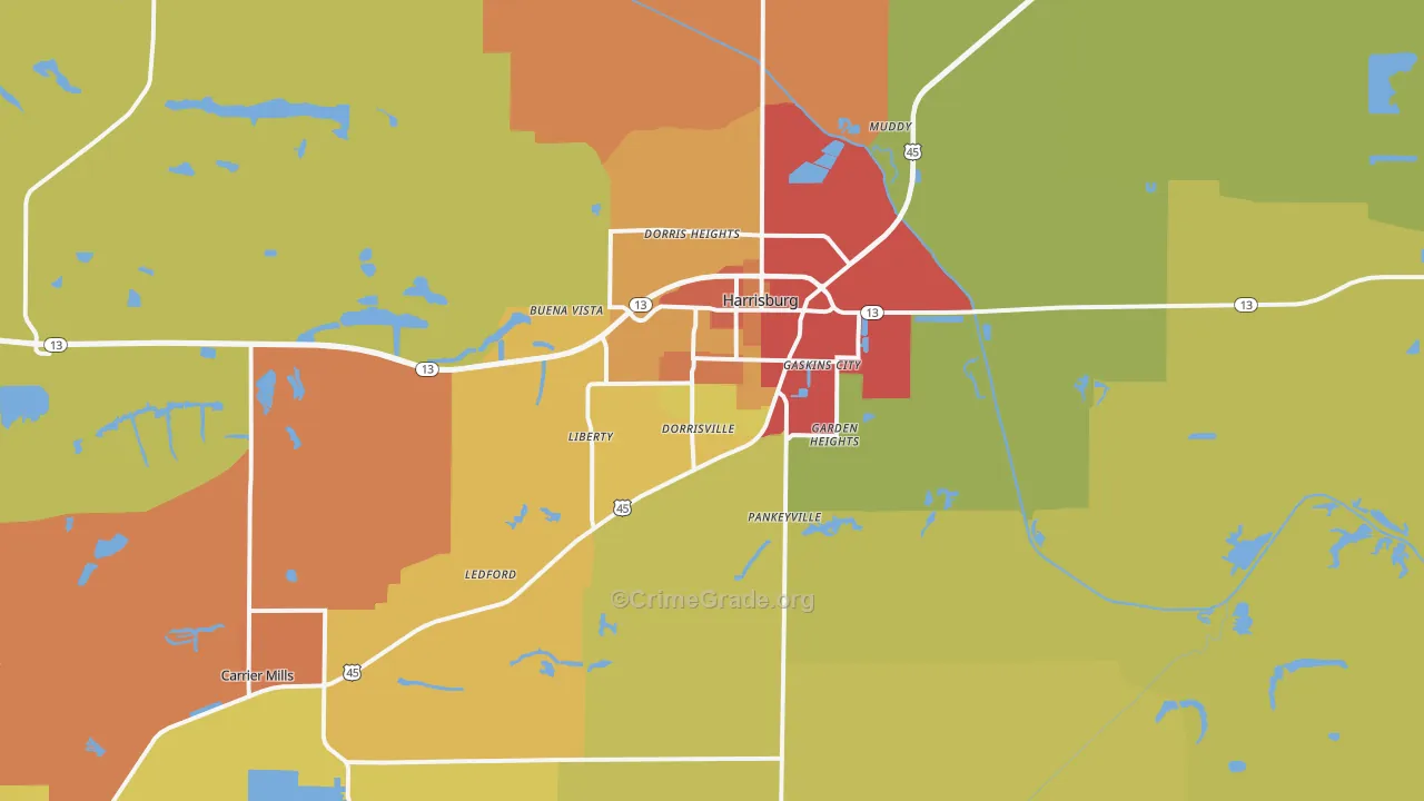 Harrisburg, IL Map of Burglary Rates