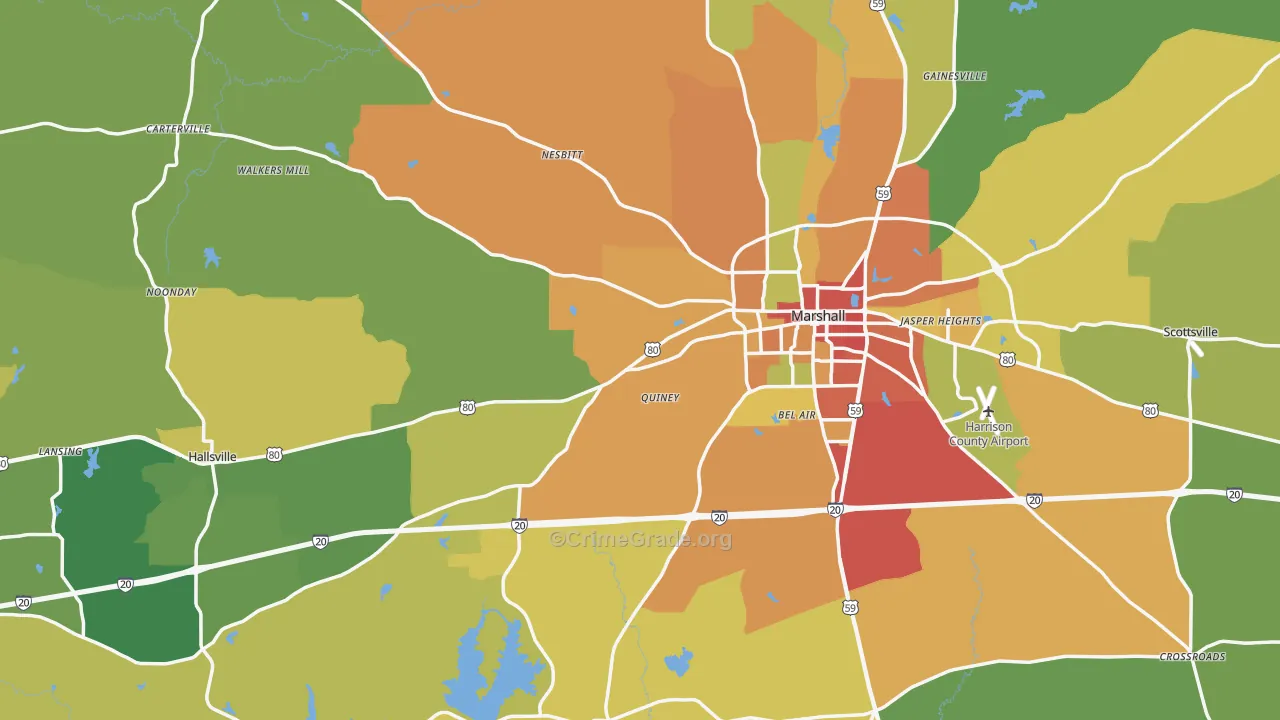 Harrison County, TX Map of Burglary Rates