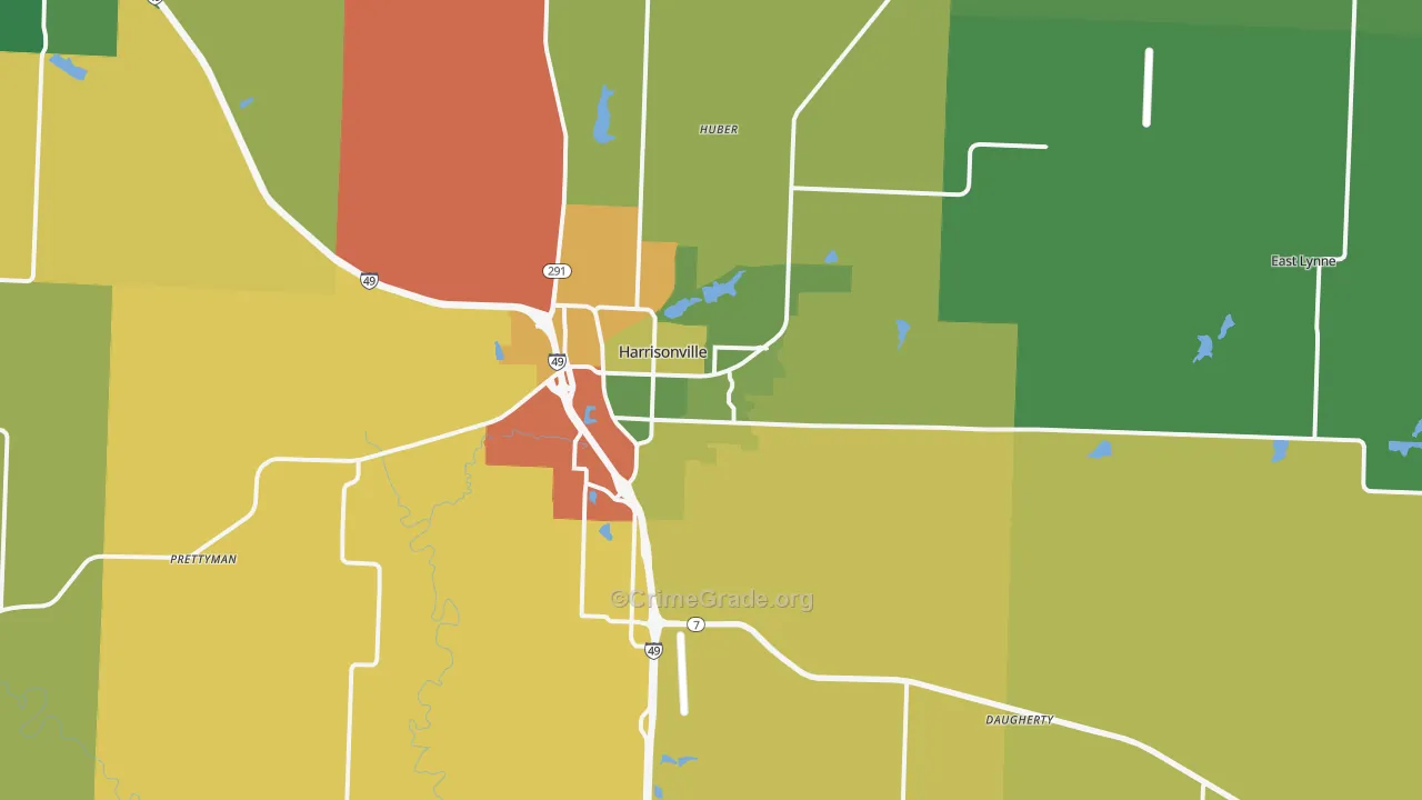 Harrisonville, MO Map of Burglary Rates
