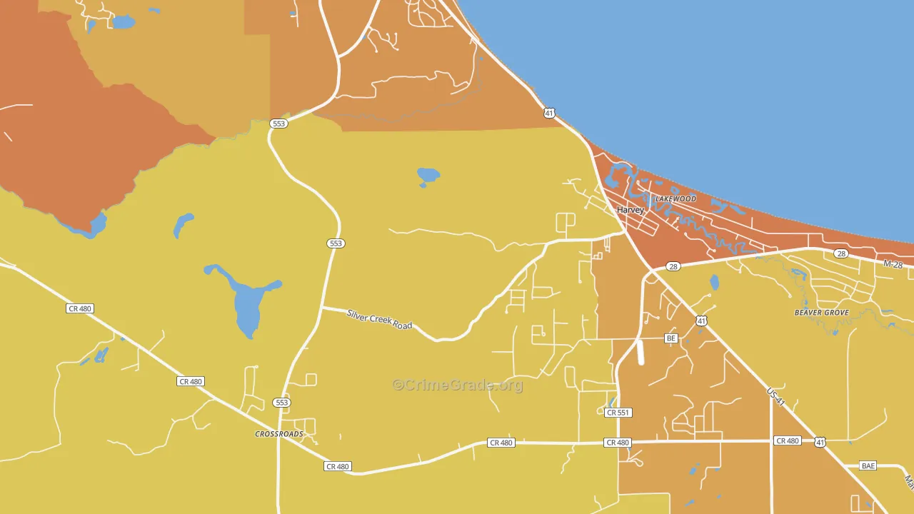 Harvey, MI Map of Burglary Rates