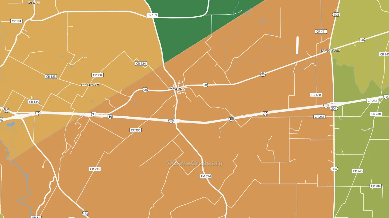 Harwood, TX Map of Burglary Rates