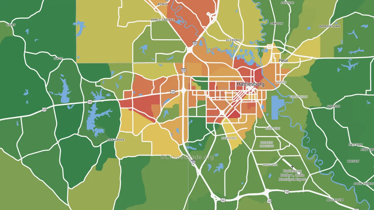 Hattiesburg, MS Map of Burglary Rates