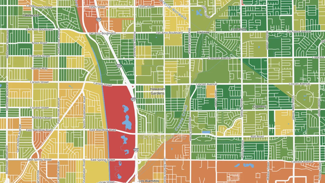 Hawaiian Gardens, CA Map of Burglary Rates