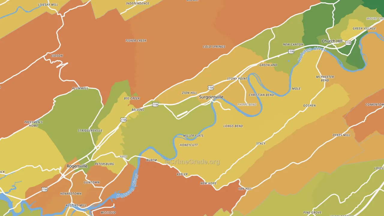 Hawkins County, TN Map of Burglary Rates