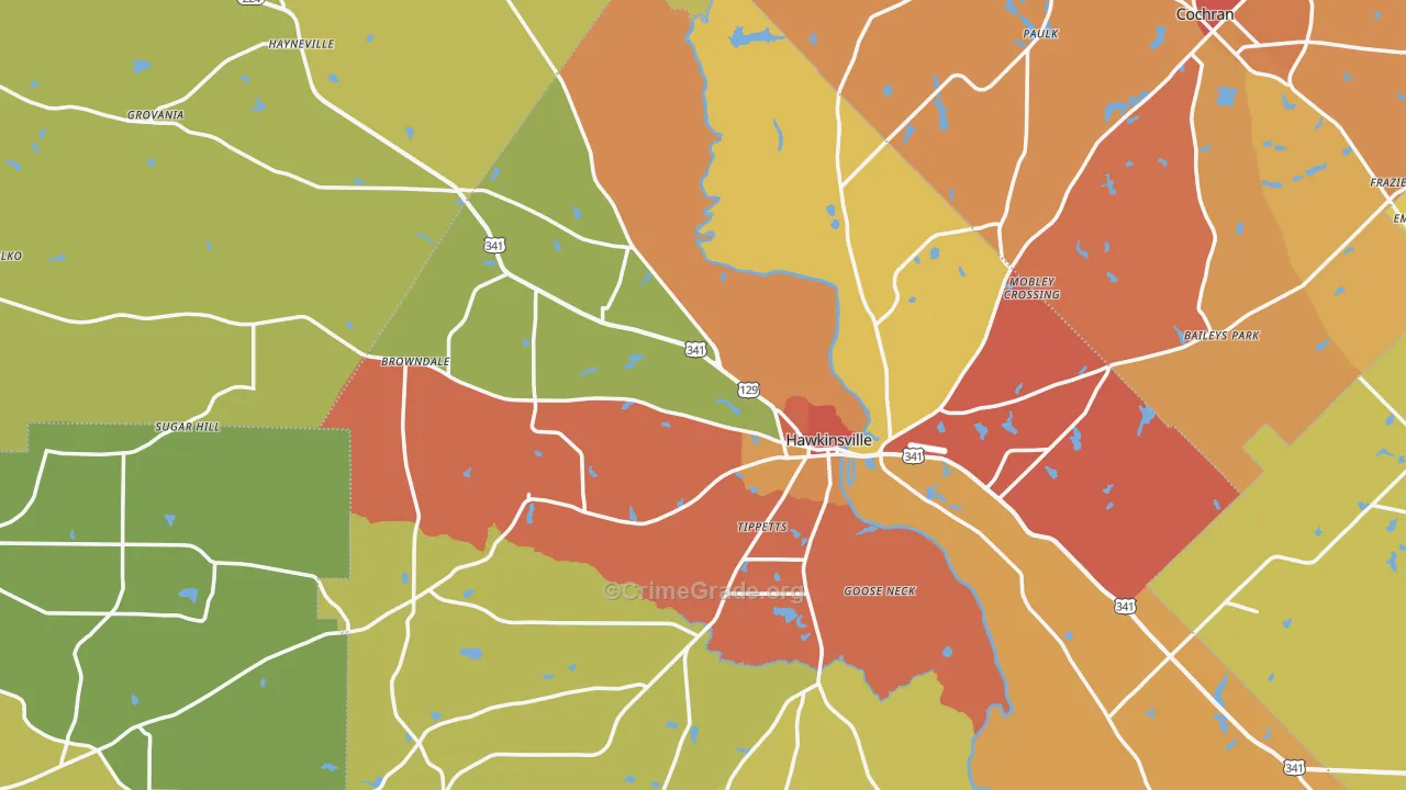 Hawkinsville, GA Map of Burglary Rates