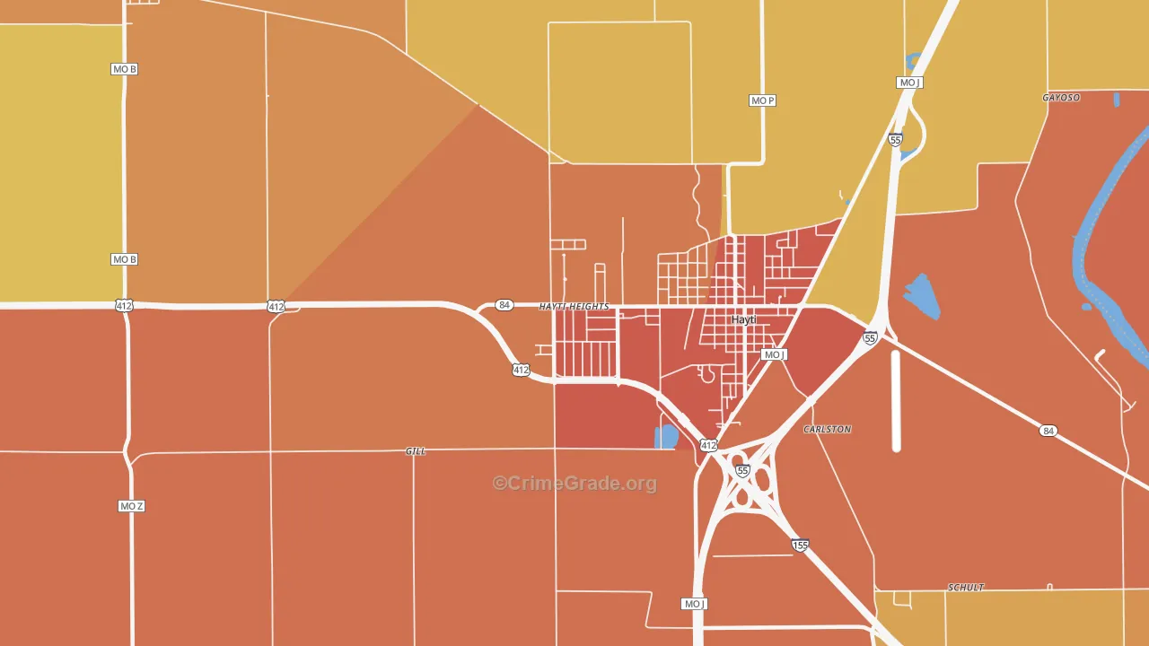 Hayti Heights, MO Map of Burglary Rates