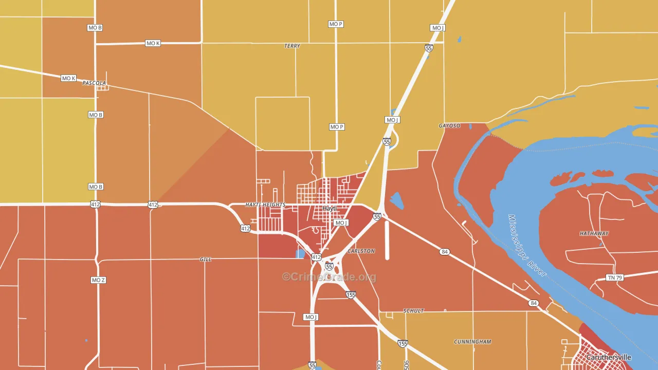 Hayti, MO Map of Burglary Rates
