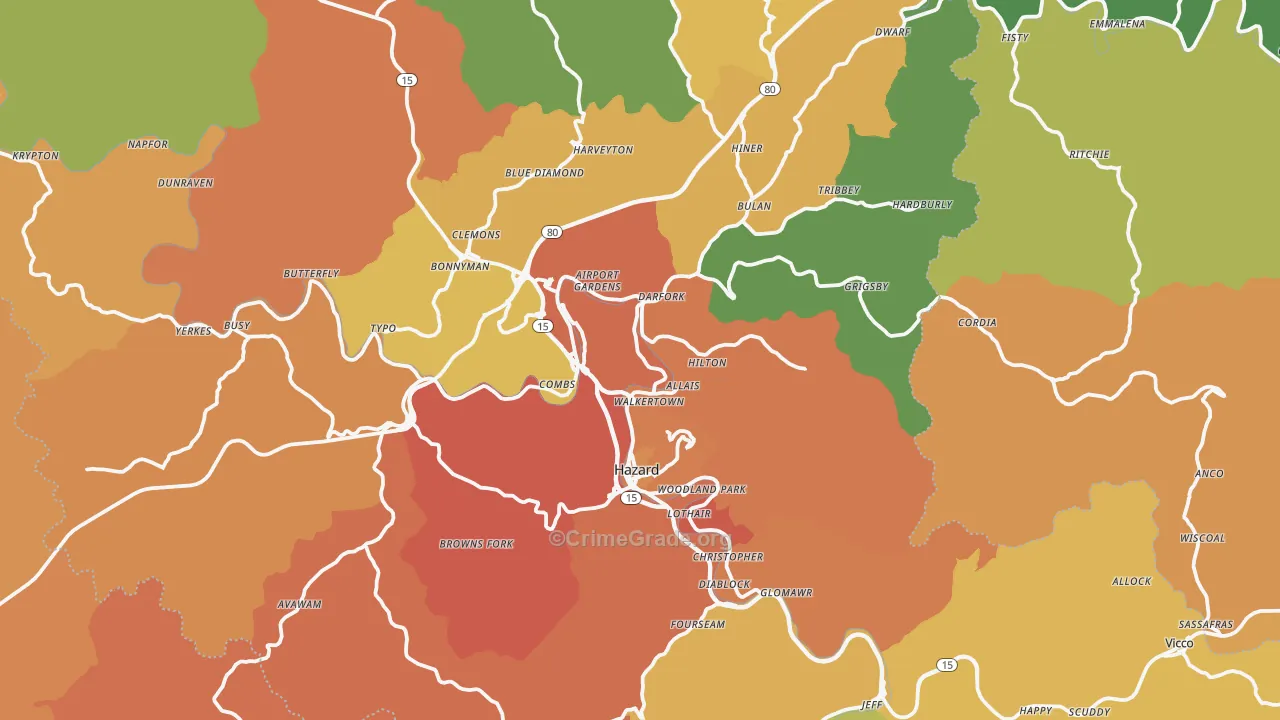 Hazard, KY Map of Burglary Rates