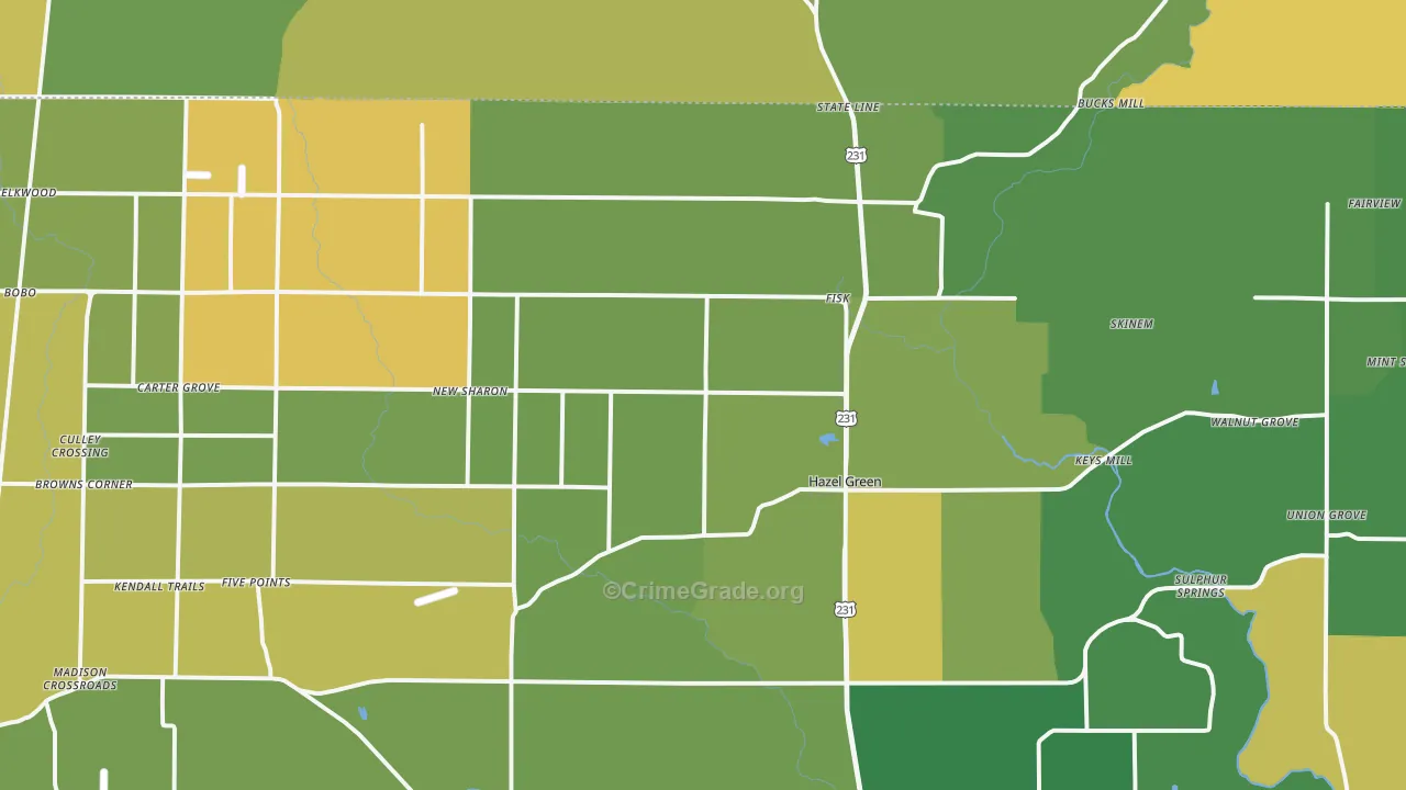 Hazel Green, AL Map of Burglary Rates