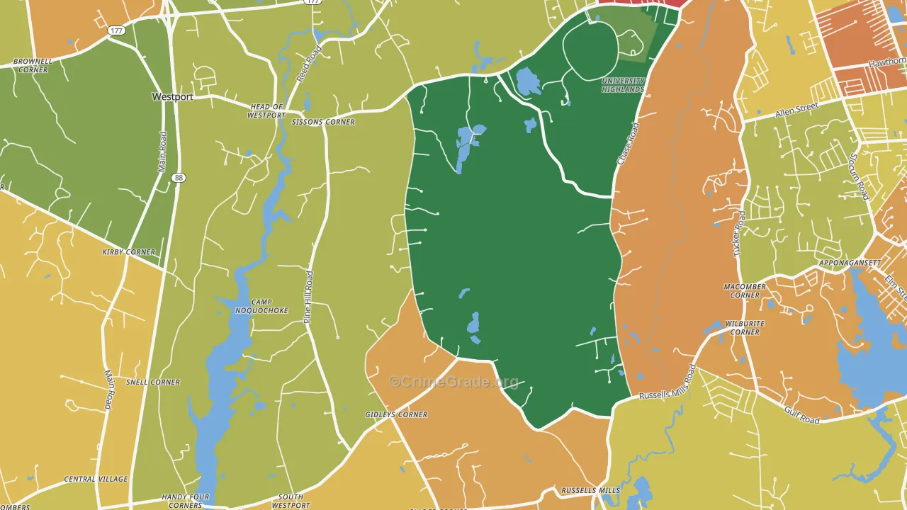 Head of Westport, MA Map of Burglary Rates