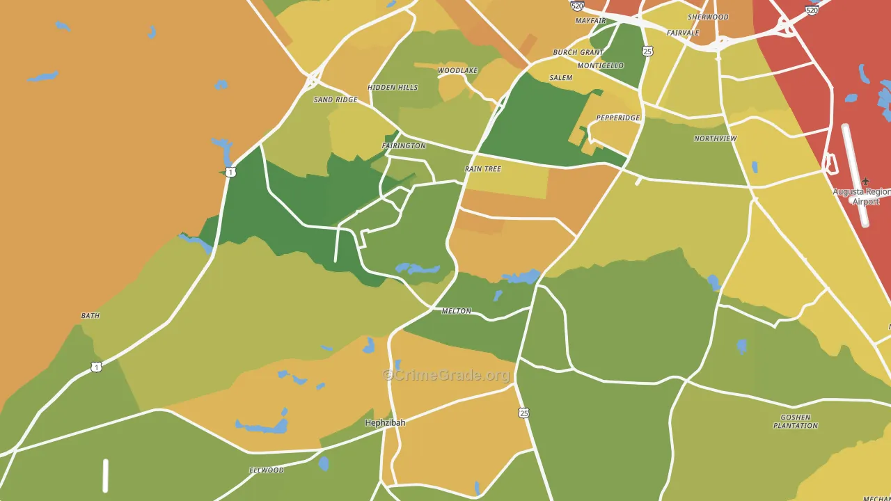 Hephzibah, GA Map of Burglary Rates