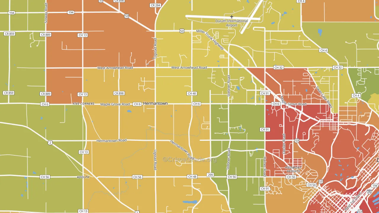 Hermantown, MN Map of Burglary Rates