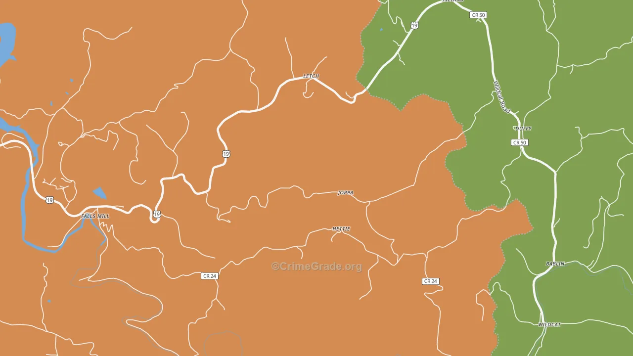 Hettie, WV Map of Burglary Rates