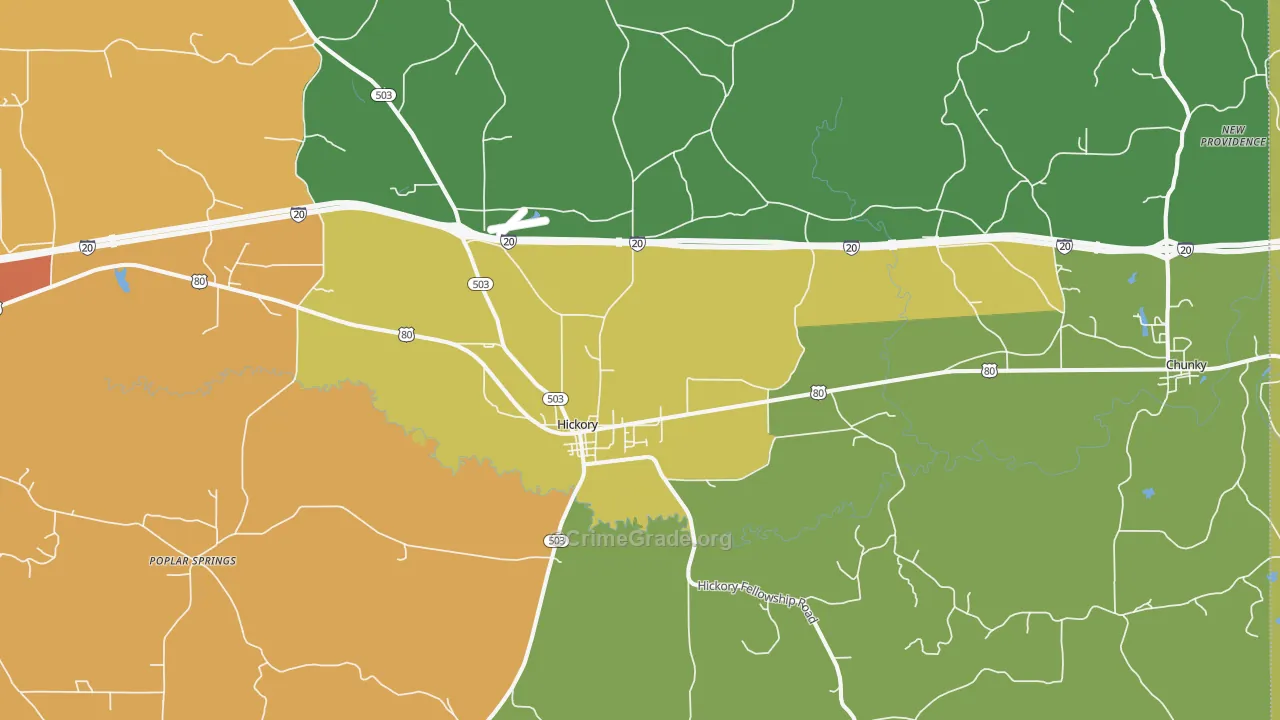 Hickory, MS Map of Burglary Rates