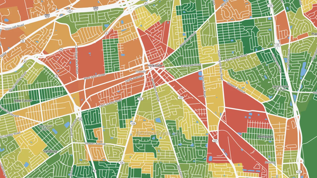 Hicksville, NY Map of Burglary Rates