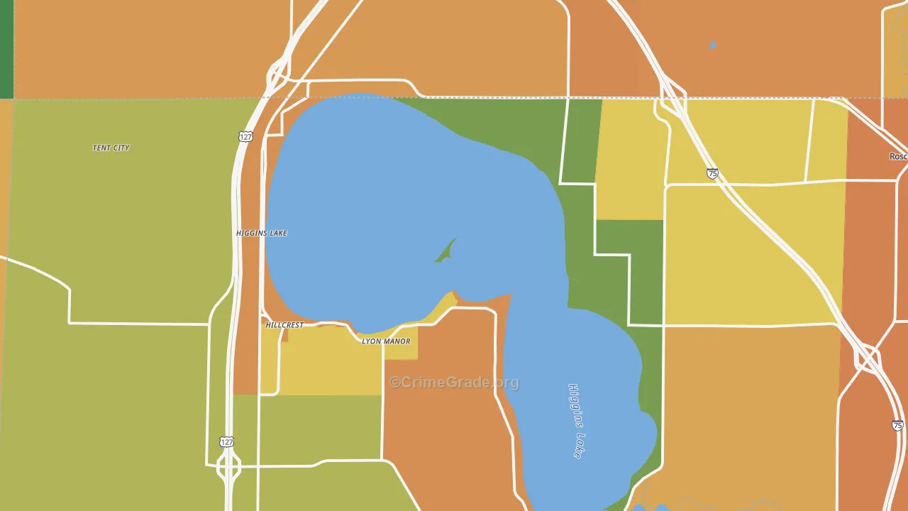 Higgins Lake, MI Map of Burglary Rates