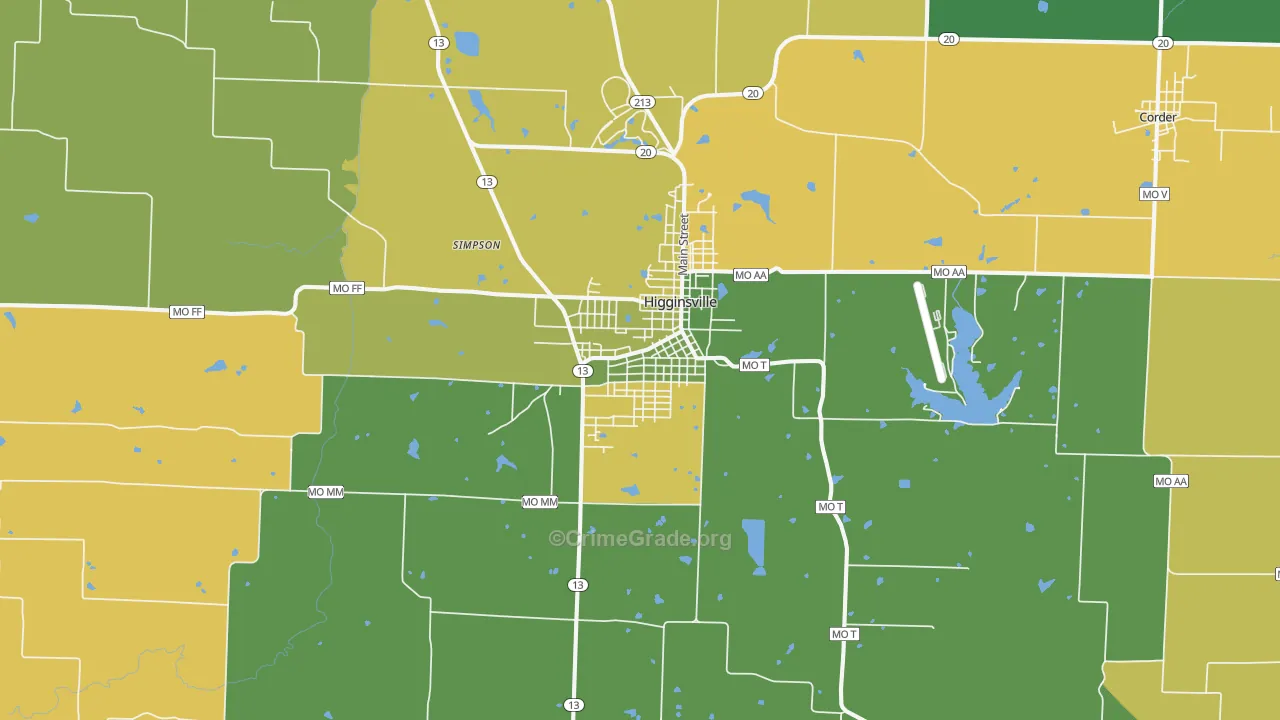 Higginsville, MO Map of Burglary Rates