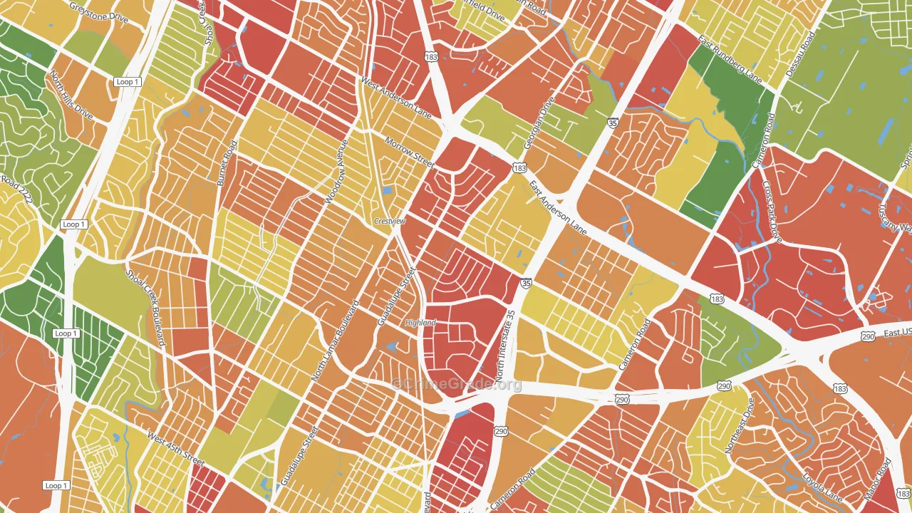 Highland, Austin, TX Map of Burglary Rates