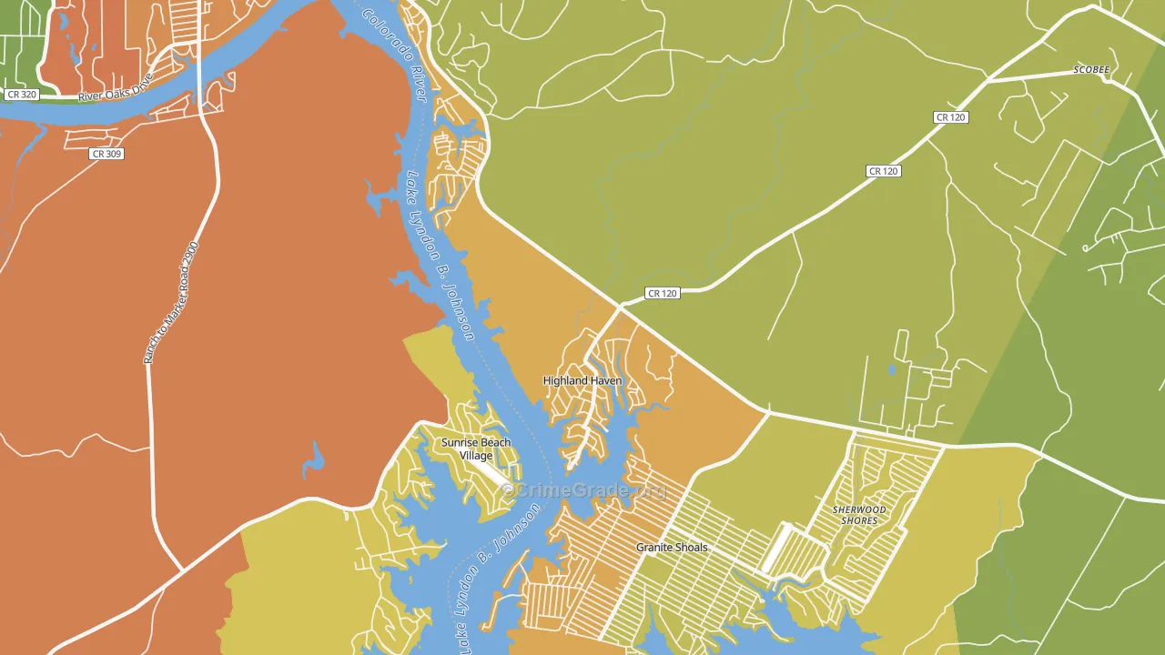 Highland Haven, TX Map of Burglary Rates