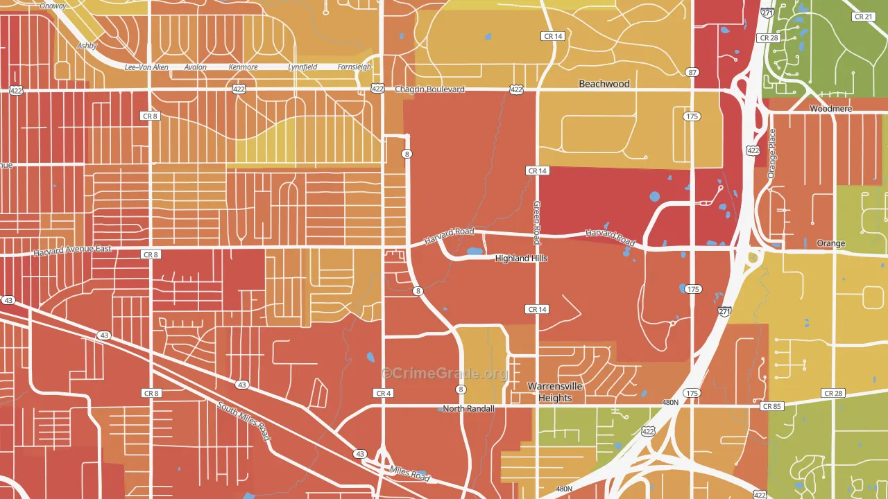 Highland Hills, OH Map of Burglary Rates