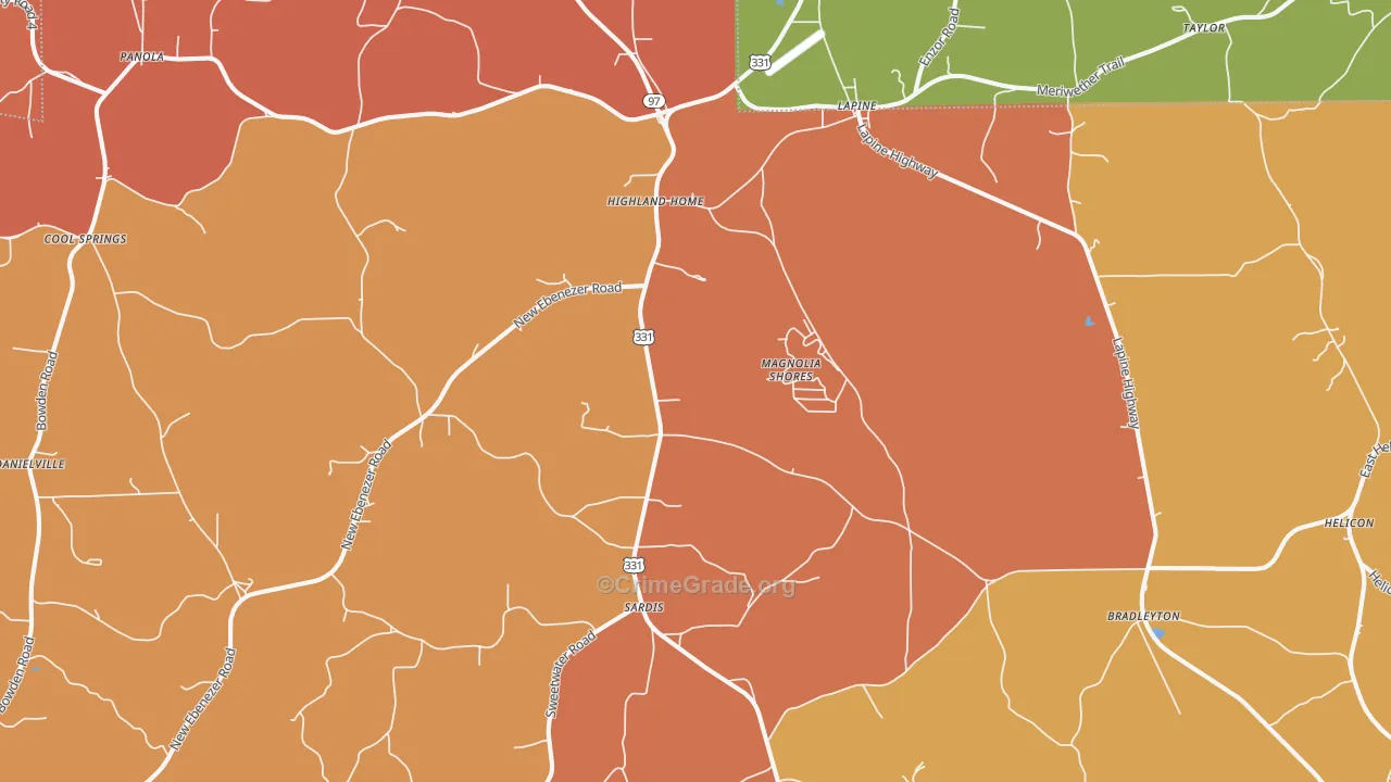 Highland Home, AL Map of Burglary Rates